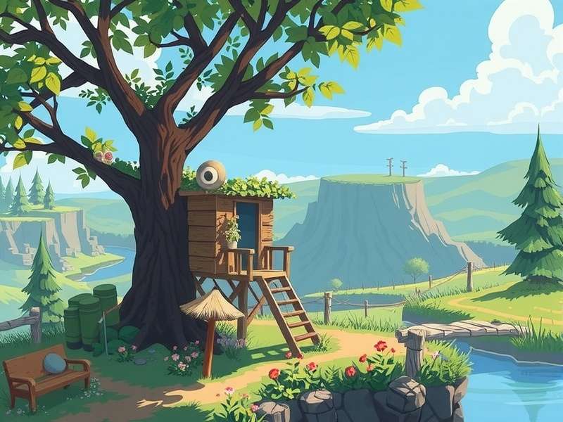 June's Journey hidden object scene showing a detailed treehouse next to a wooden bench in a garden